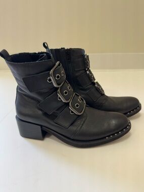 Jeffrey Campbell Todd Black Triple-Buckle Leather Moto Boots | Women’s Size 8